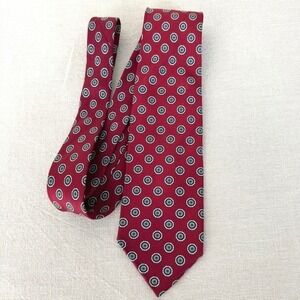 Balmoral Silk Tie Red Blue/Gray Circles Made in Scotland‎